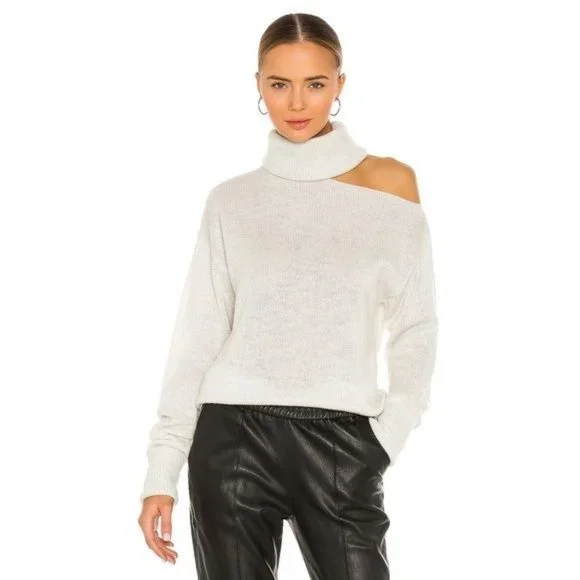 Paige Raundi Cold Shoulder CutOut Metallic Lurex Knit Relaxed Turtleneck Sweater - Picture 2 of 16